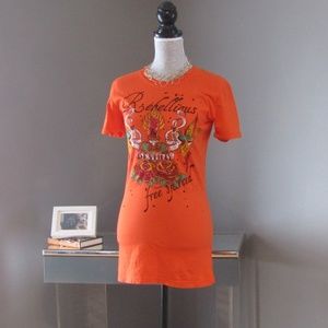 NEW Sugar & Rox Orange Graphic Tee Tattoo Art Sz L